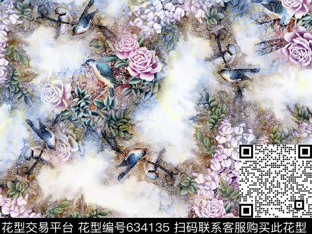 手绘花鸟花卉花鸟数码印花华亿平台下载（图片编号: 634135） - 瓦栏（Walan）
