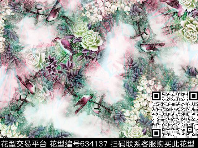 手绘花鸟花卉花鸟数码印花华亿平台下载（图片编号: 634137） - 瓦栏（Walan）