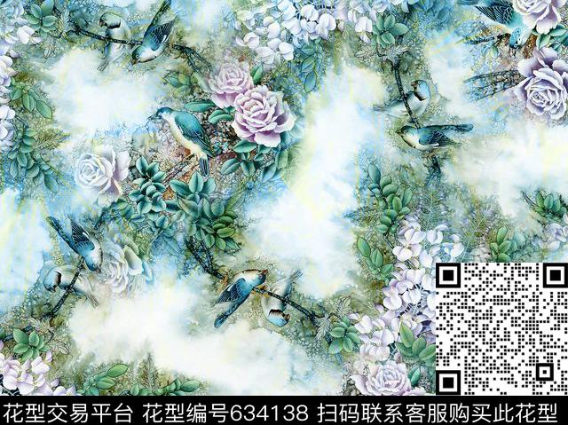 手绘花鸟花卉花鸟数码印花华亿平台下载（图片编号: 634138） - 瓦栏（Walan）