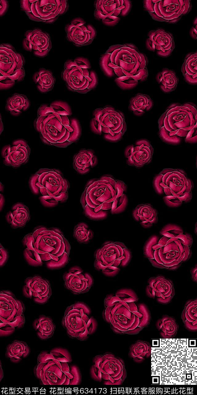 流行时尚玫瑰花朵数码印花华亿平台下载（图片编号: 634173） - 瓦栏（Walan）