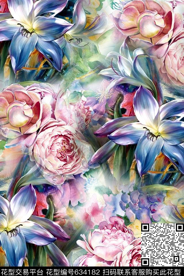 时尚手绘花卉数码印花华亿平台下载（图片编号: 634182） - 瓦栏（Walan）
