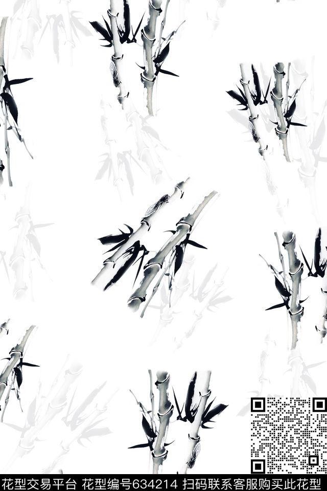 黑白水墨竹子传统印花华亿平台下载（图片编号: 634214） - 瓦栏（Walan）