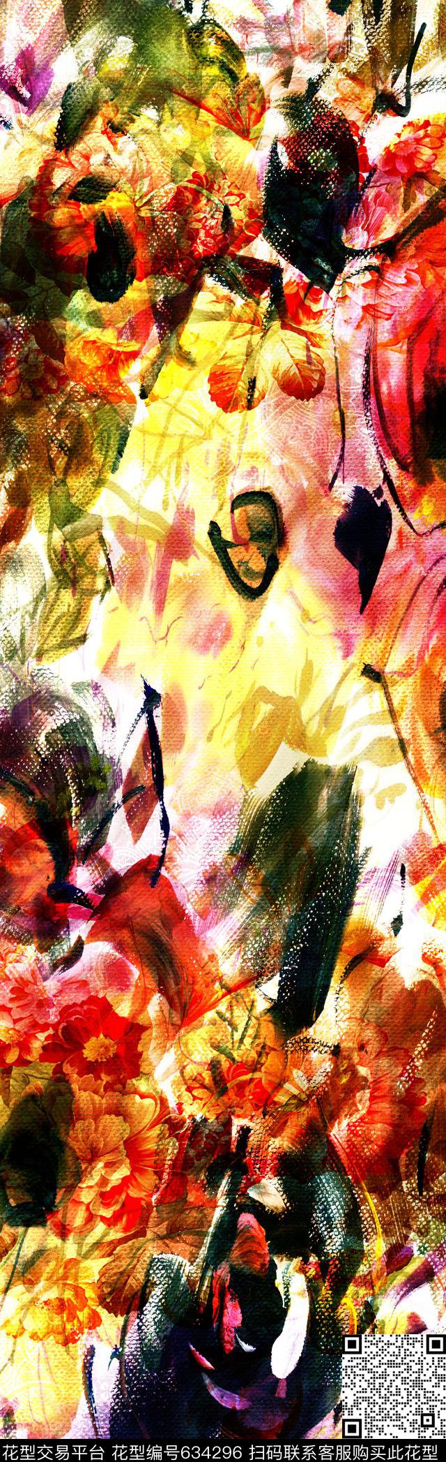花卉长巾图案抽象图案数码印花华亿平台下载（图片编号: 634296） - 瓦栏（Walan）