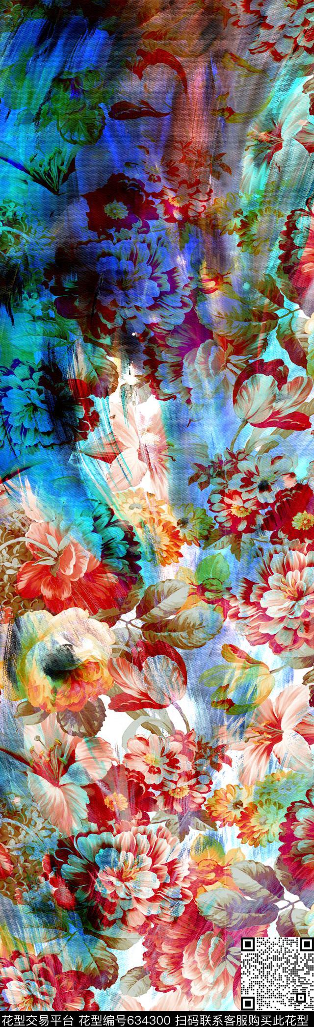 花卉长巾图案抽象图案数码印花华亿平台下载（图片编号: 634300） - 瓦栏（Walan）
