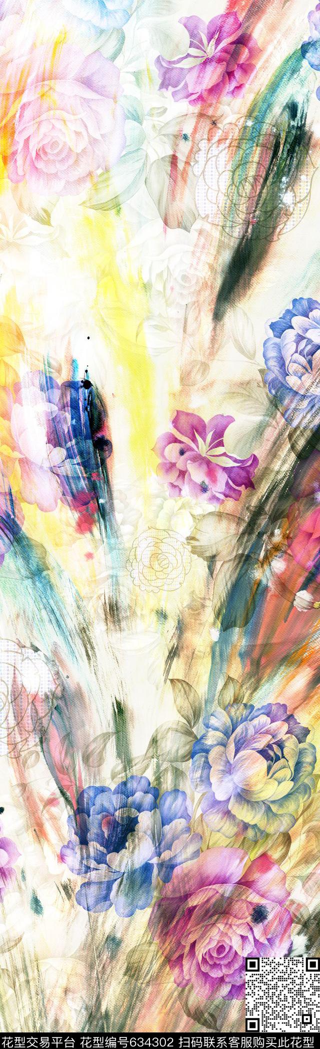 花卉长巾图案抽象图案数码印花华亿平台下载（图片编号: 634302） - 瓦栏（Walan）
