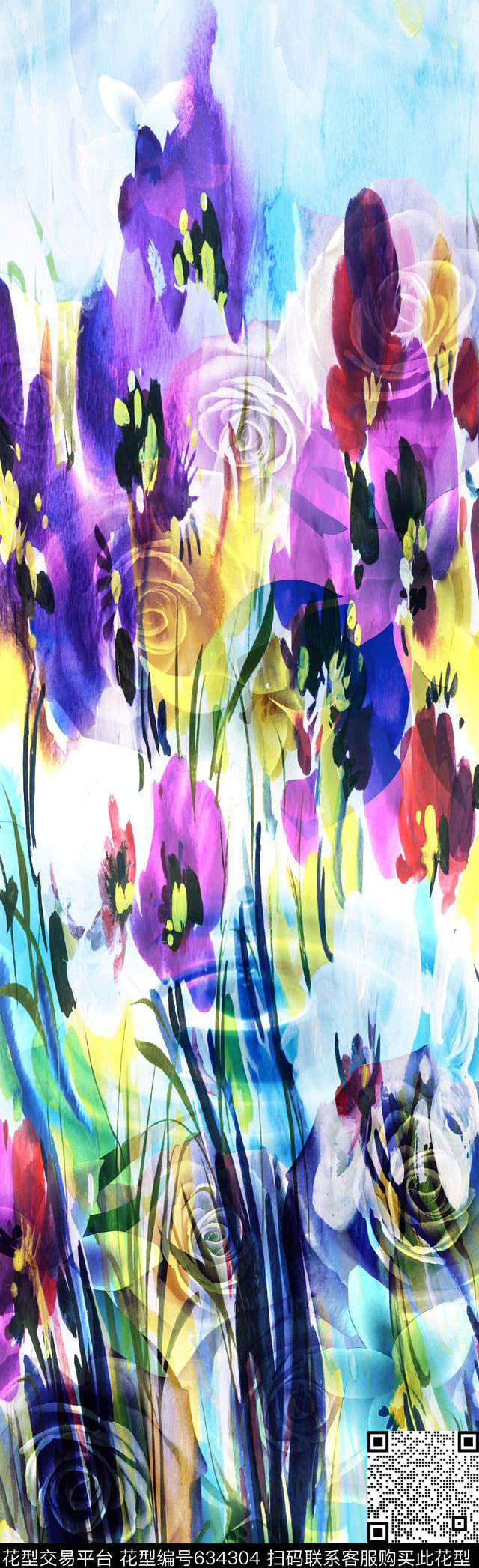 花卉长巾图案抽象图案数码印花华亿平台下载（图片编号: 634304） - 瓦栏（Walan）