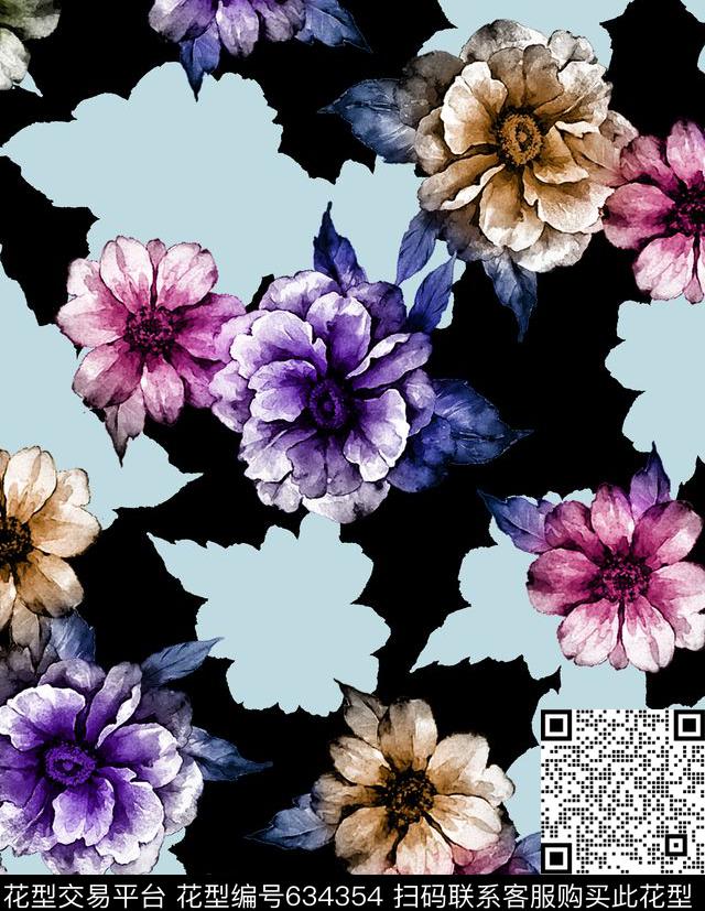 花卉花朵水墨数码印花华亿平台下载（图片编号: 634354） - 瓦栏（Walan）