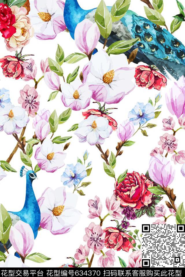 花朵花卉孔雀数码印花华亿平台下载（图片编号: 634370） - 瓦栏（Walan）