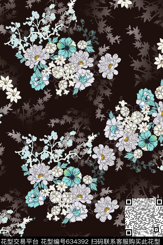 花朵花卉黑底数码印花华亿平台下载（图片编号: 634392） - 瓦栏（Walan）