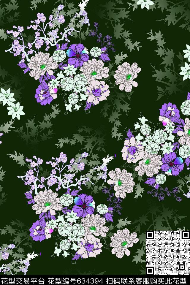 花朵花卉黑底数码印花华亿平台下载（图片编号: 634394） - 瓦栏（Walan）