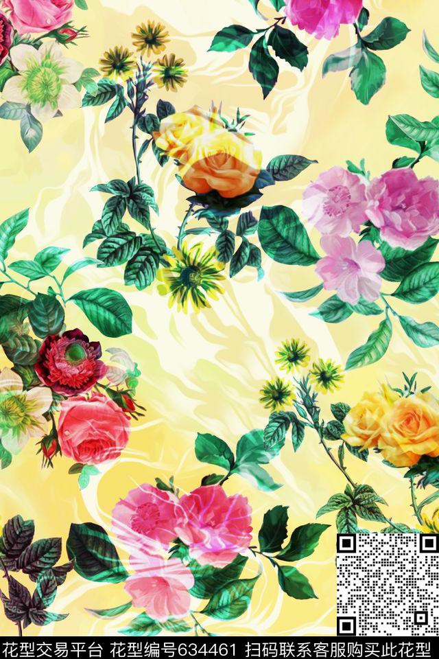 时尚水彩花卉数码印花华亿平台下载（图片编号: 634461） - 瓦栏（Walan）
