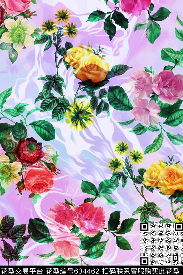 时尚水彩花卉数码印花华亿平台下载（图片编号: 634462） - 瓦栏（Walan）