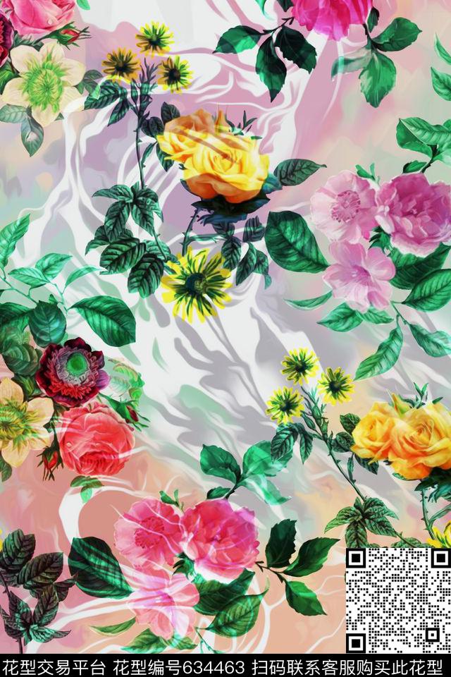 时尚水彩花卉数码印花华亿平台下载（图片编号: 634463） - 瓦栏（Walan）