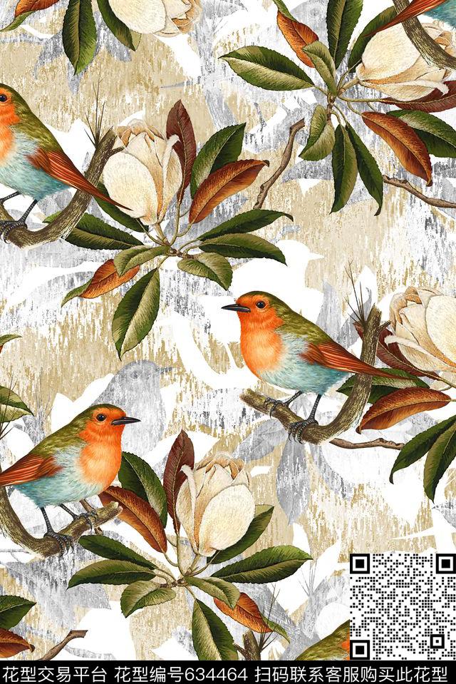 抽象手绘满版花鸟最新高清数码树叶纹理底纹数码印花华亿平台下载（图片编号: 634464） - 瓦栏（Walan）