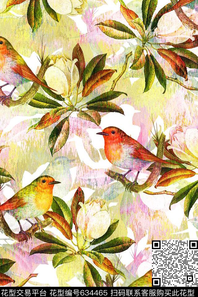 抽象手绘满版花鸟最新高清数码树叶纹理底纹数码印花华亿平台下载（图片编号: 634465） - 瓦栏（Walan）
