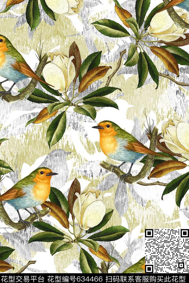 抽象手绘满版花鸟最新高清数码树叶纹理底纹数码印花华亿平台下载（图片编号: 634466） - 瓦栏（Walan）