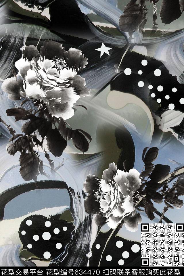 手绘花卉笔触数码印花华亿平台下载（图片编号: 634470） - 瓦栏（Walan）