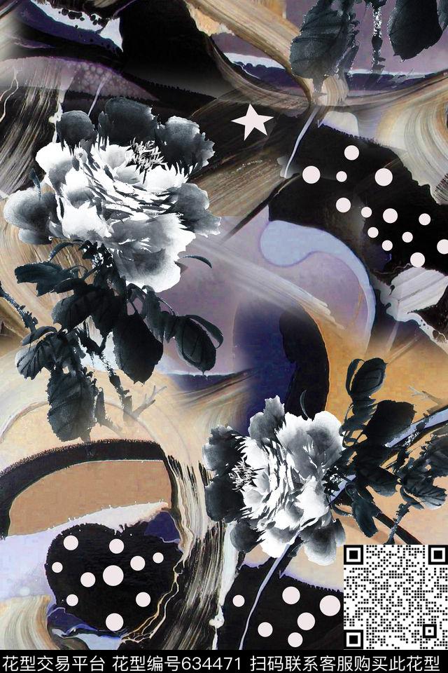 手绘花卉笔触数码印花华亿平台下载（图片编号: 634471） - 瓦栏（Walan）