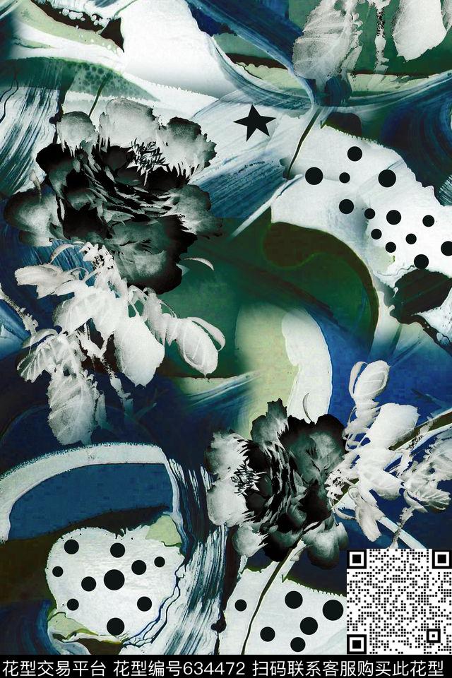手绘花卉笔触数码印花华亿平台下载（图片编号: 634472） - 瓦栏（Walan）