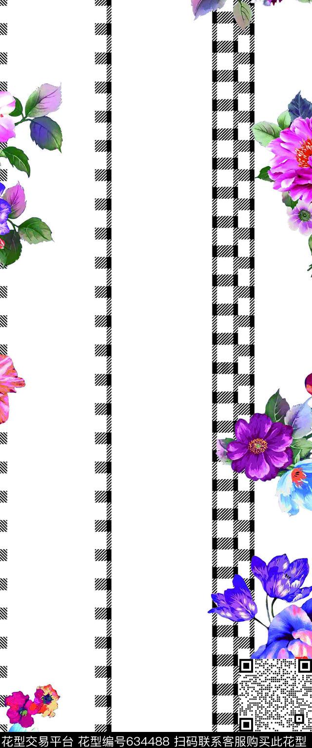 2016年秋冬女装花卉格子裙装华亿平台大牌手绘花卉几何拼贴华亿平台数码印花华亿平台下载（图片编号: 634488） - 瓦栏（Walan）