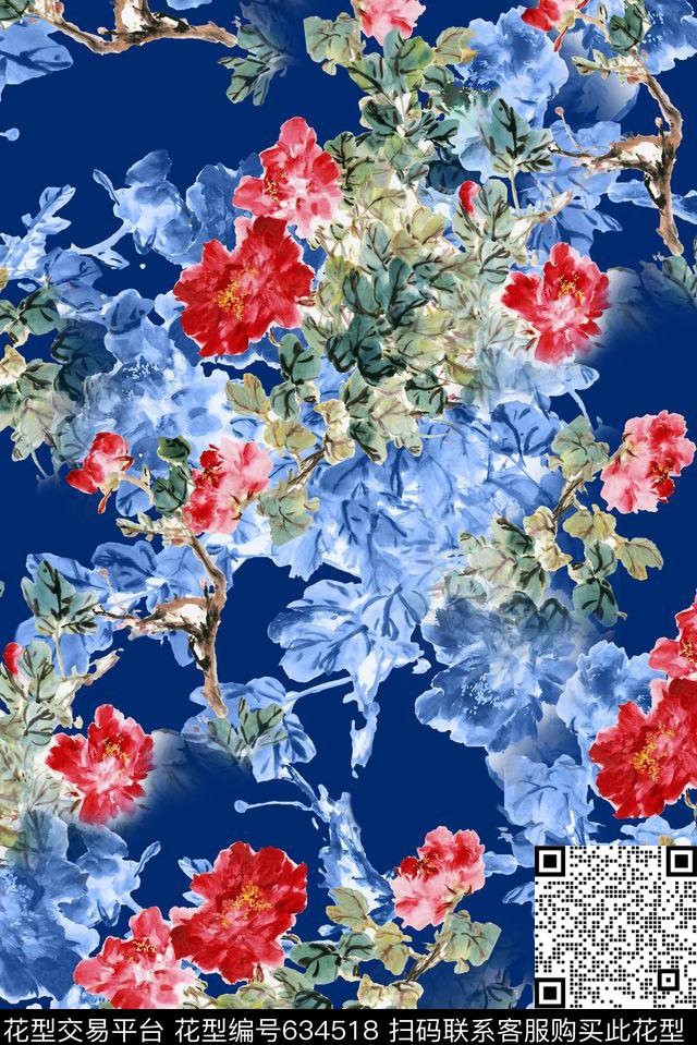 手绘牡丹时尚女装中国风数码印花华亿平台下载（图片编号: 634518） - 瓦栏（Walan）