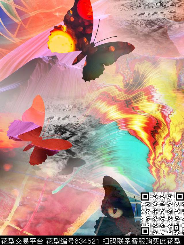 抽象蝴蝶手绘数码印花华亿平台下载（图片编号: 634521） - 瓦栏（Walan）