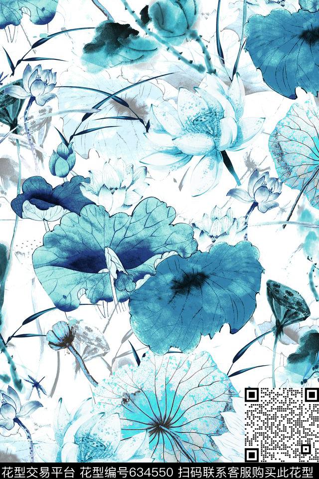 中国风青花瓷荷花数码印花华亿平台下载（图片编号: 634550） - 瓦栏（Walan）