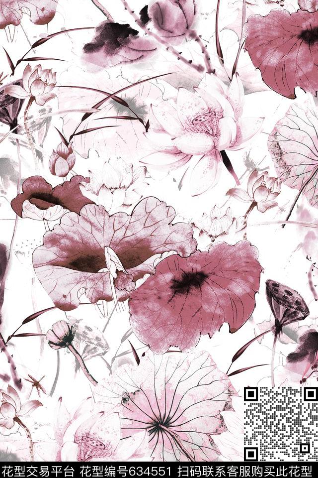 中国风青花瓷荷花数码印花华亿平台下载（图片编号: 634551） - 瓦栏（Walan）