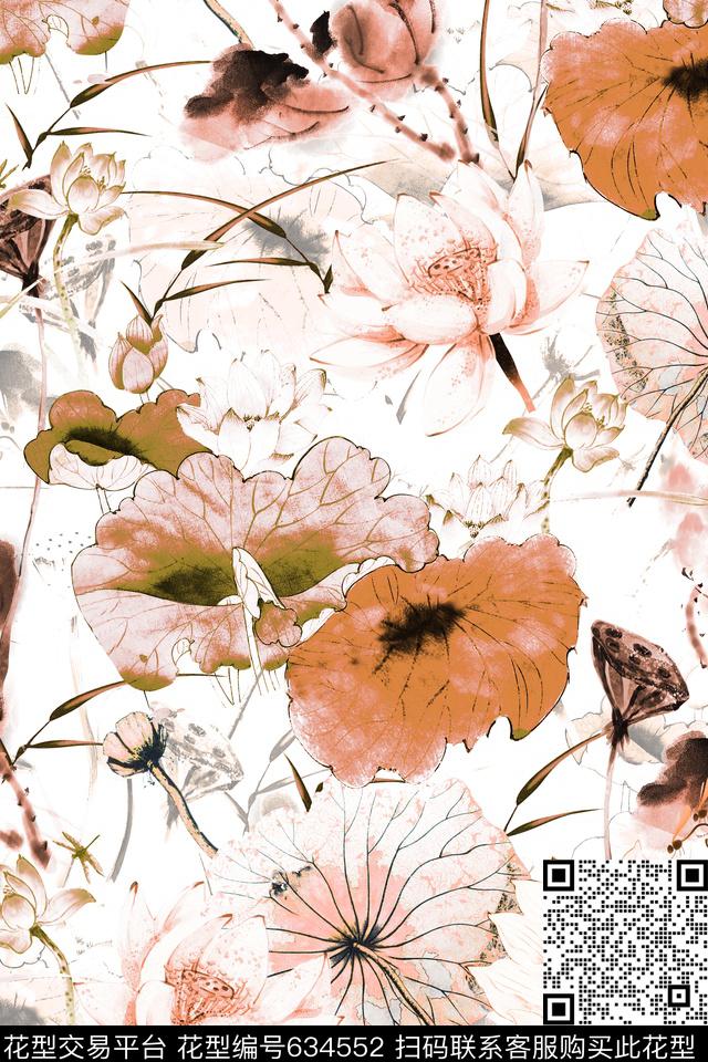 中国风青花瓷荷花数码印花华亿平台下载（图片编号: 634552） - 瓦栏（Walan）