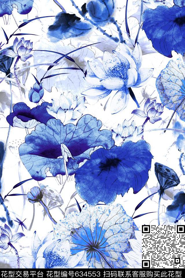 中国风青花瓷荷花数码印花华亿平台下载（图片编号: 634553） - 瓦栏（Walan）