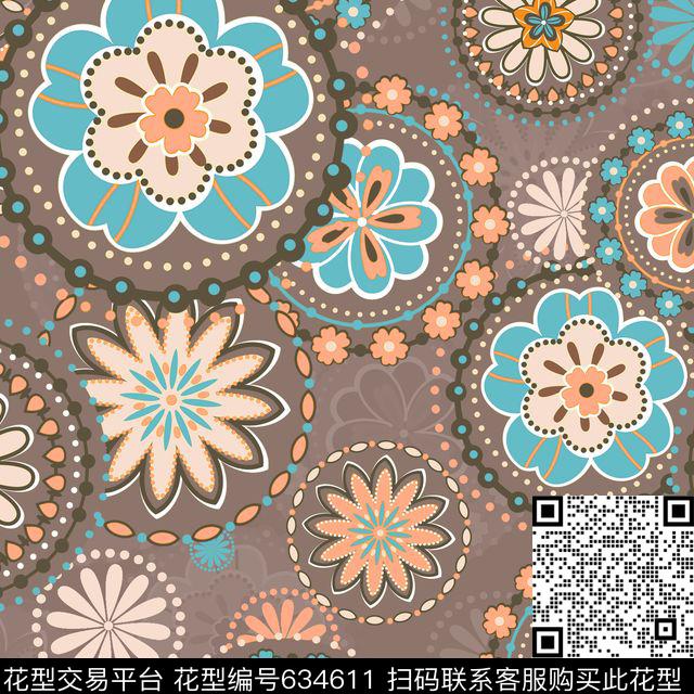 复古花卉、笔触剪影不规则几何传统印花华亿平台下载（图片编号: 634611） - 瓦栏（Walan）