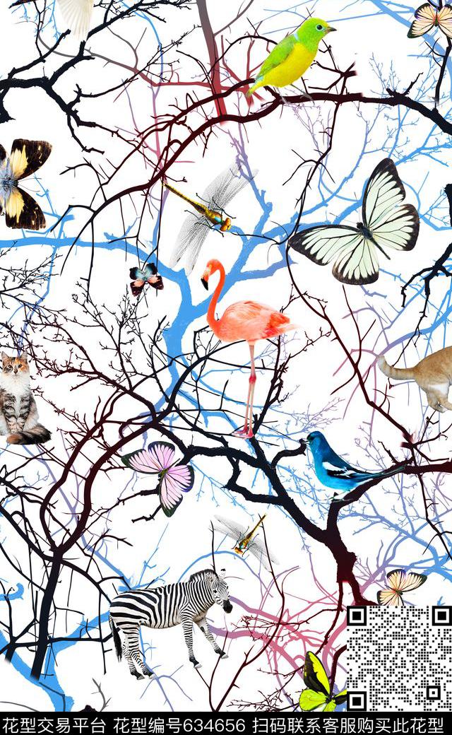 树枝珊瑚鸟数码印花华亿平台下载（图片编号: 634656） - 瓦栏（Walan）
