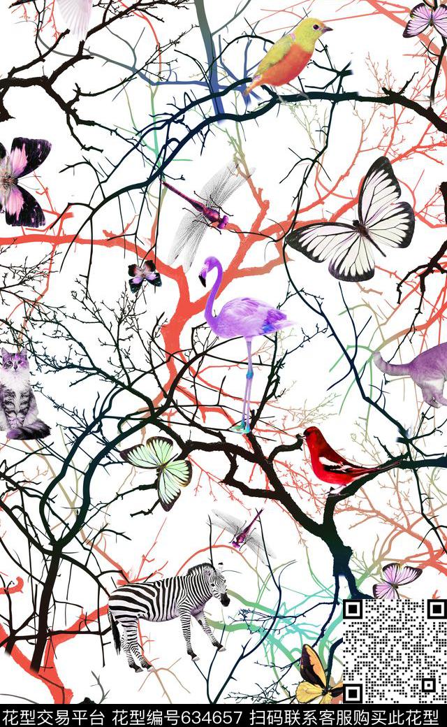 树枝珊瑚鸟数码印花华亿平台下载（图片编号: 634657） - 瓦栏（Walan）