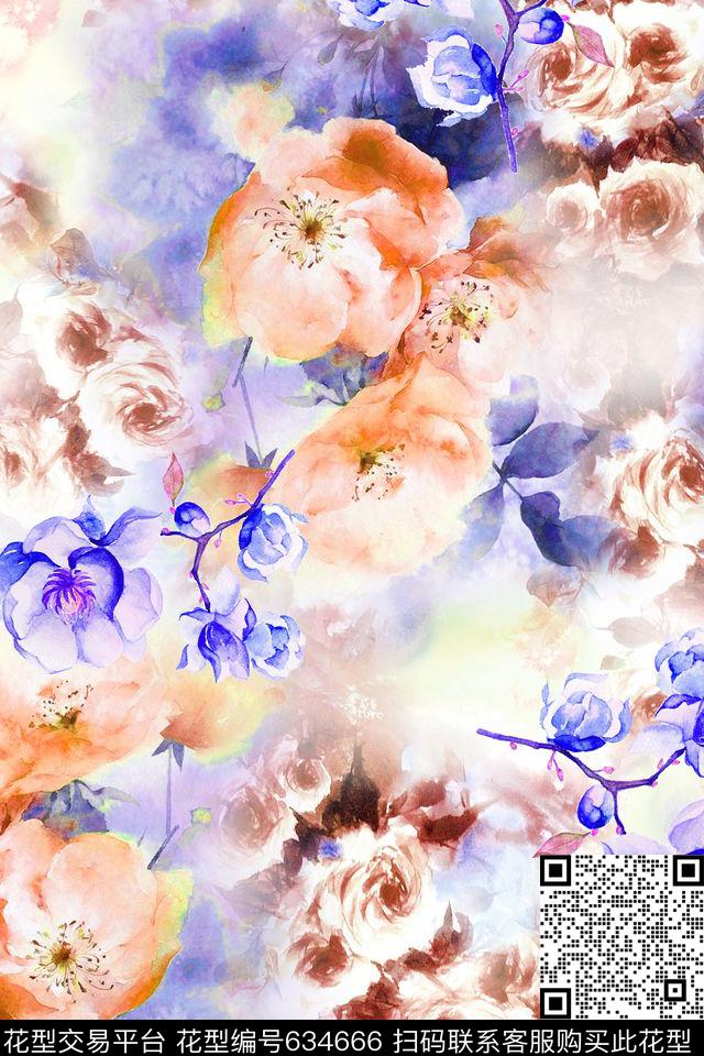 花朵花卉手绘数码印花华亿平台下载（图片编号: 634666） - 瓦栏（Walan）