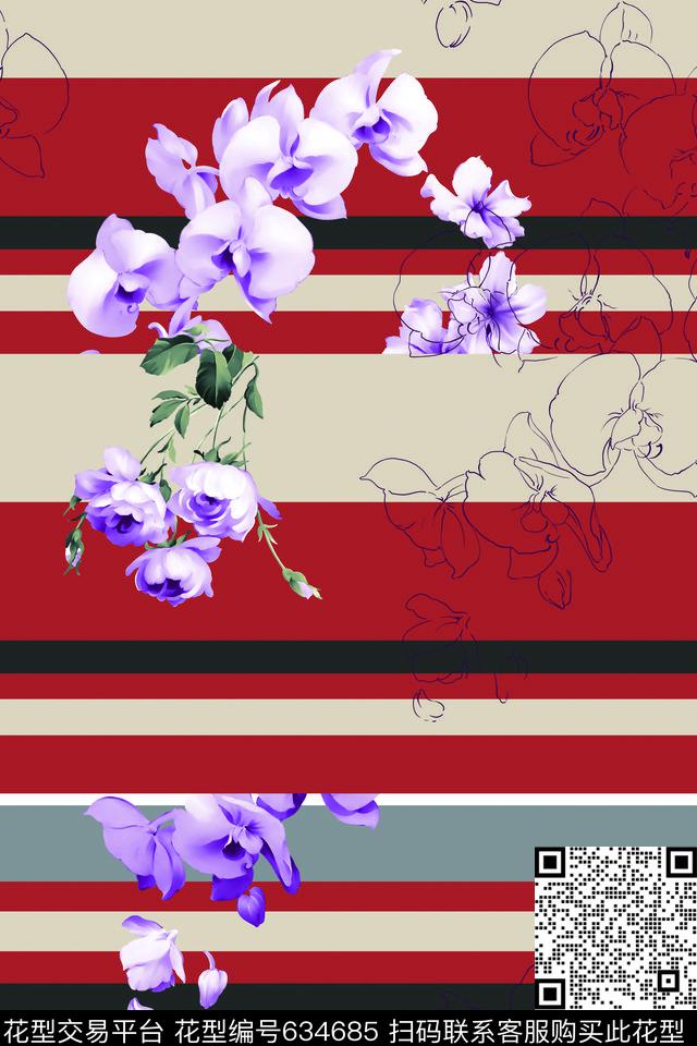 几何花卉线描数码印花华亿平台下载（图片编号: 634685） - 瓦栏（Walan）