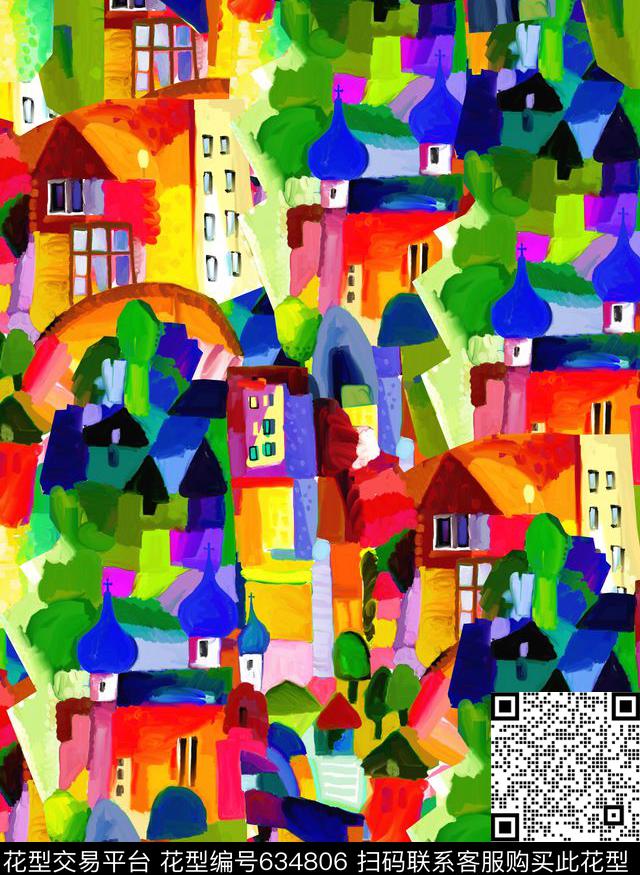 抽象彩色油画房子建筑大牌复古肌理数码印花华亿平台下载（图片编号: 634806） - 瓦栏（Walan）
