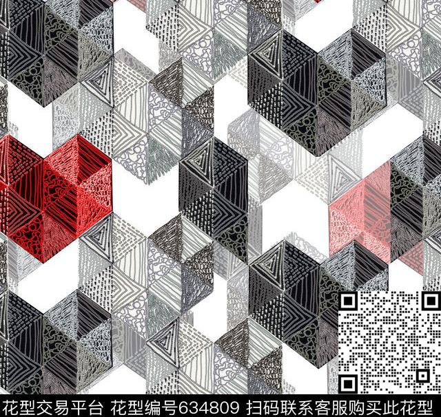 抽象3D几何绣花线条趣味格子数码印花华亿平台下载（图片编号: 634809） - 瓦栏（Walan）