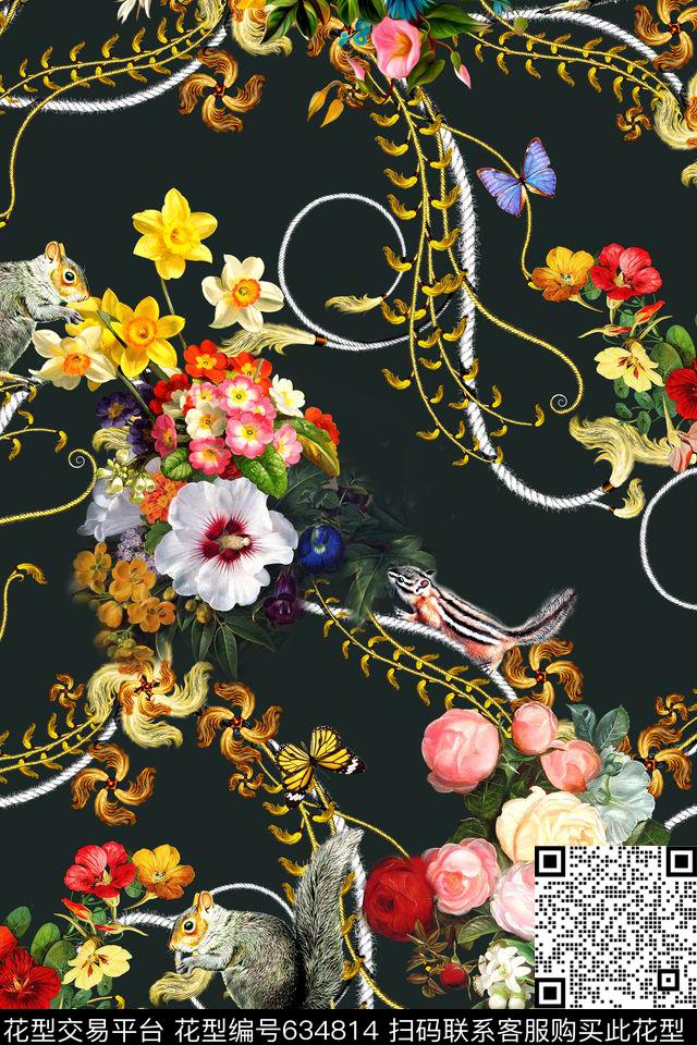 花卉松鼠麦穗数码印花华亿平台下载（图片编号: 634814） - 瓦栏（Walan）