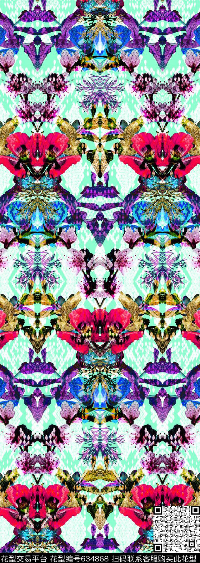 罂粟、桃花、蛇纹、对称数码印花华亿平台下载（图片编号: 634868） - 瓦栏（Walan）