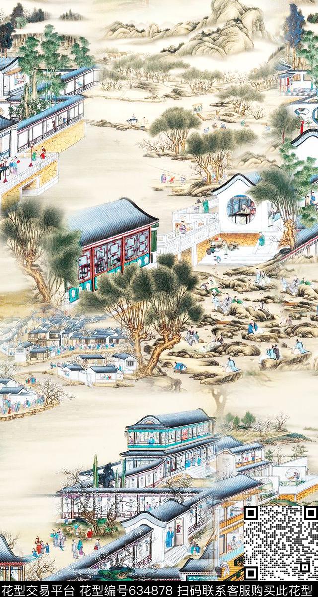 建筑风景中国画数码印花华亿平台下载（图片编号: 634878） - 瓦栏（Walan）