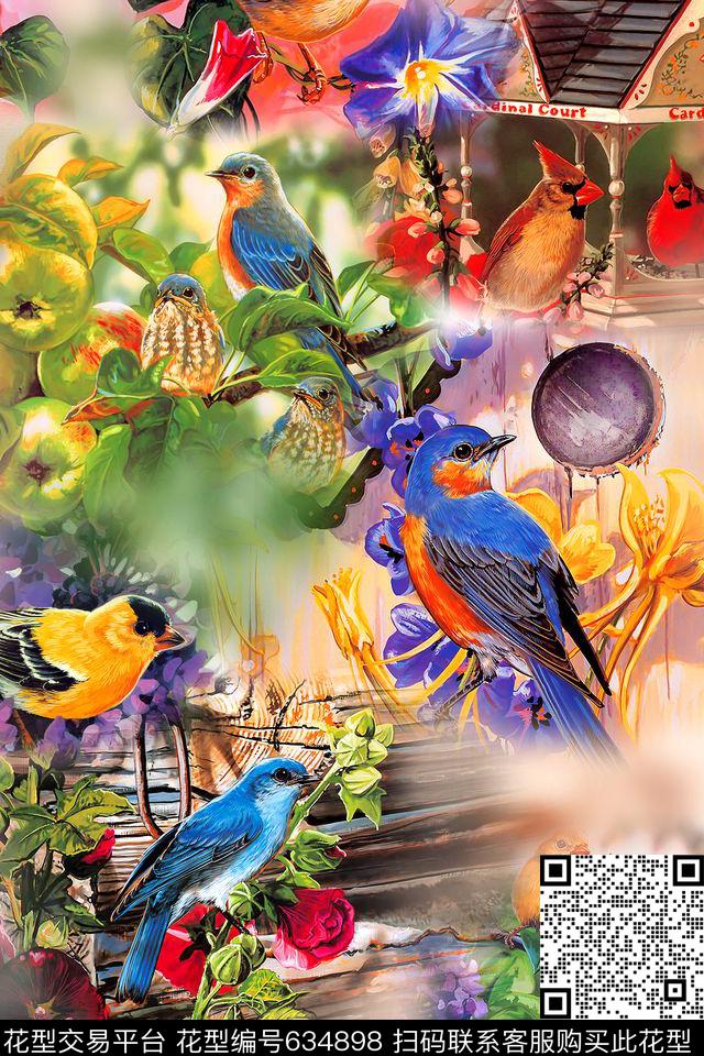 小鸟花卉风景数码印花华亿平台下载（图片编号: 634898） - 瓦栏（Walan）