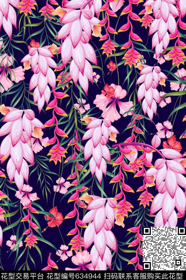 天堂鸟花棕榈叶热带花卉数码印花华亿平台下载（图片编号: 634944） - 瓦栏（Walan）