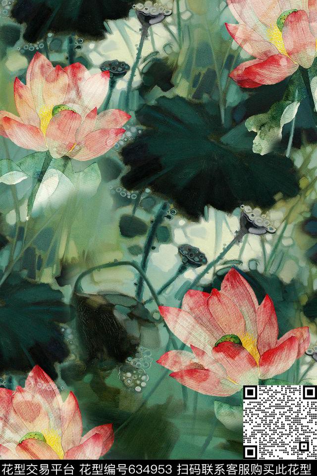 中国风荷花数码印花华亿平台下载（图片编号: 634953） - 瓦栏（Walan）