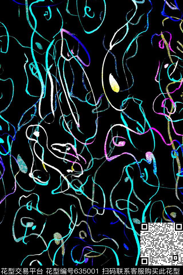 手绘抽象线条数码印花华亿平台下载（图片编号: 635001） - 瓦栏（Walan）