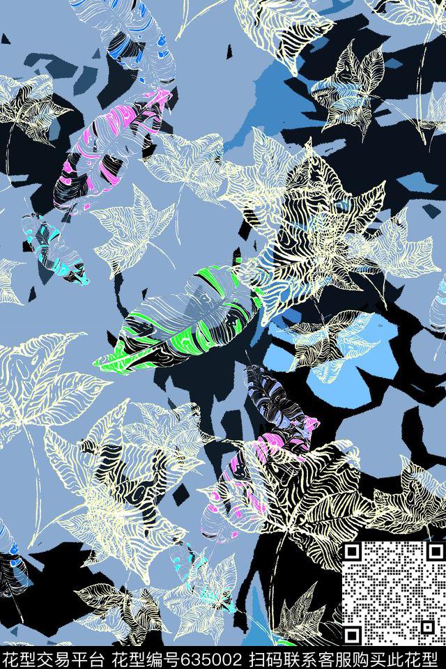 手绘线条枫叶数码印花华亿平台下载（图片编号: 635002） - 瓦栏（Walan）