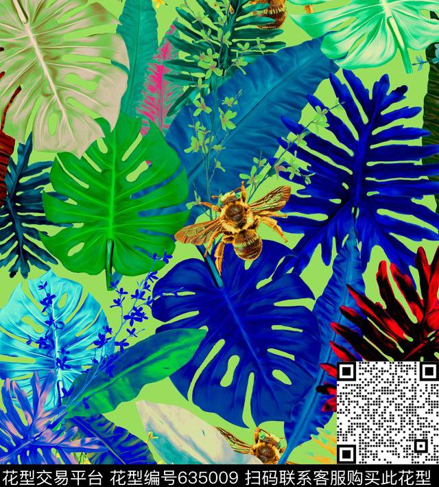 蜜蜂热带植物树叶数码印花华亿平台下载（图片编号: 635009） - 瓦栏（Walan）