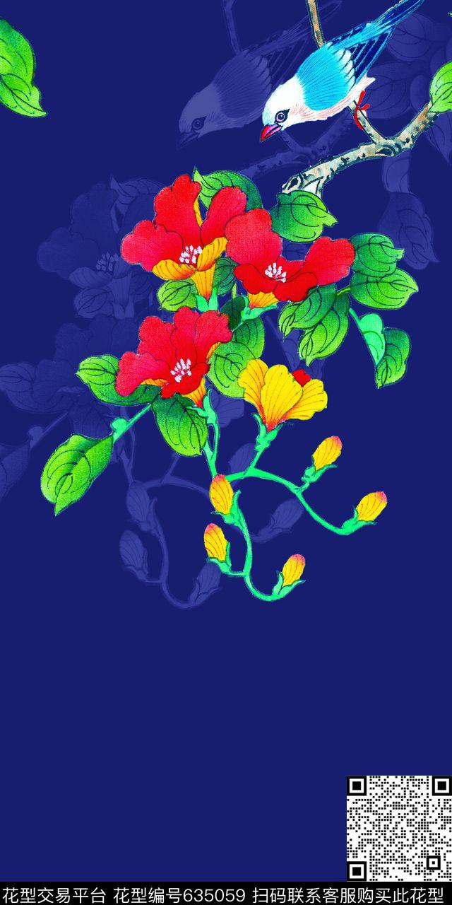 旗袍中国风工笔花鸟数码印花华亿平台下载（图片编号: 635059） - 瓦栏（Walan）