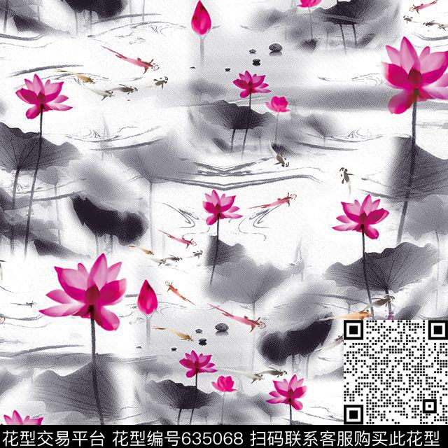 荷花山水画民族风数码印花华亿平台下载（图片编号: 635068） - 瓦栏（Walan）