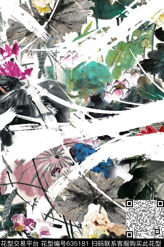 花卉荷花水墨数码印花华亿平台下载（图片编号: 635181） - 瓦栏（Walan）