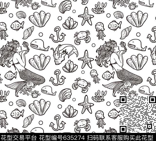 海洋鱼黑白传统印花华亿平台下载（图片编号: 635274） - 瓦栏（Walan）